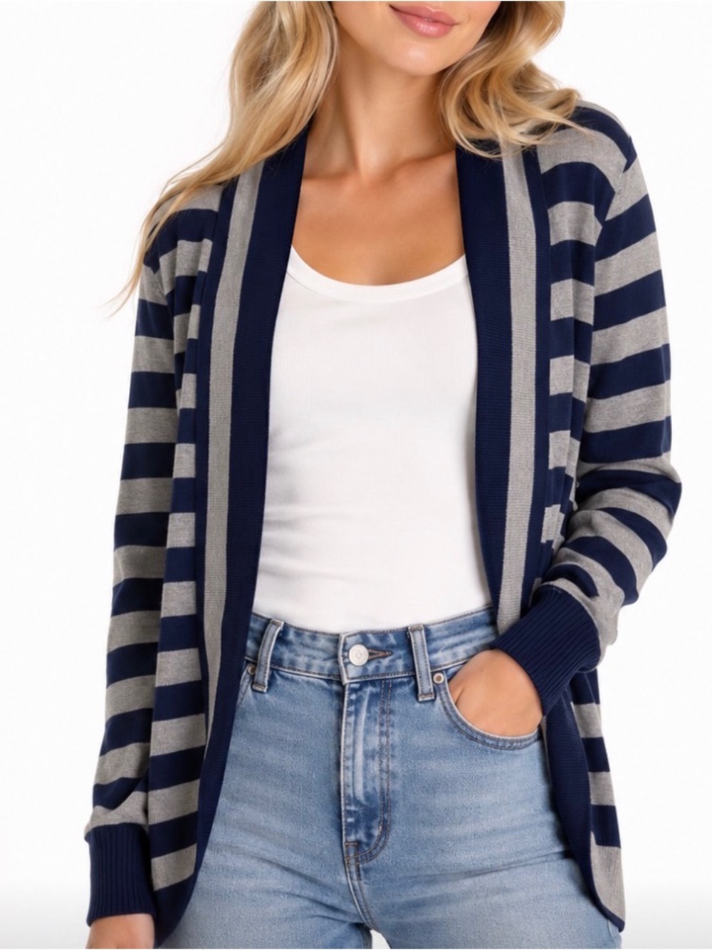 Pointelle Striped Open Front Cardigan in Navy & Light Gray size Medium
